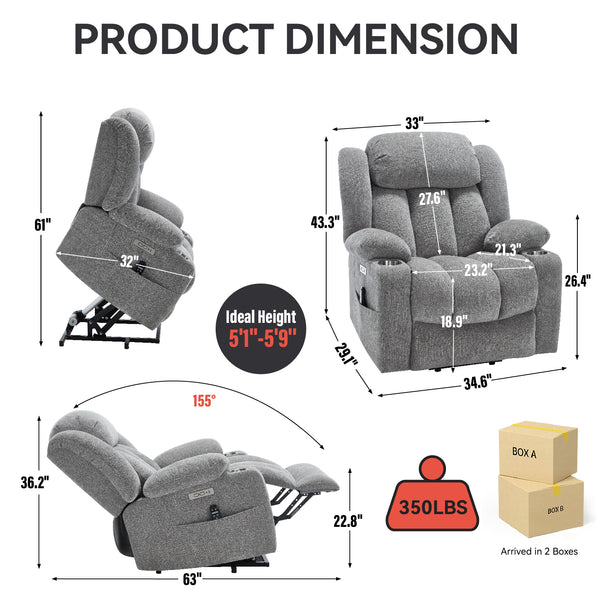 Homrest Premium Electric Recliner Chair with 8-Point Massage & Heating, Plush Chenille Fabric, Gray