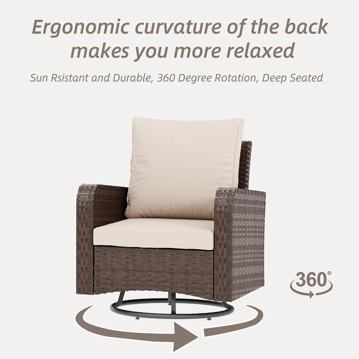 HOMREST 3 Piece Outdoor Swivel Chairs -All Weather Wicker Patio Bistro Table and Chairs Set, Khaki