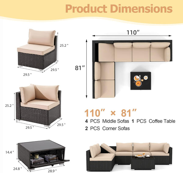 Homrest 7 Piece Outdoor Patio Furniture with Storage Table, Cushions and Pillows, Khaki