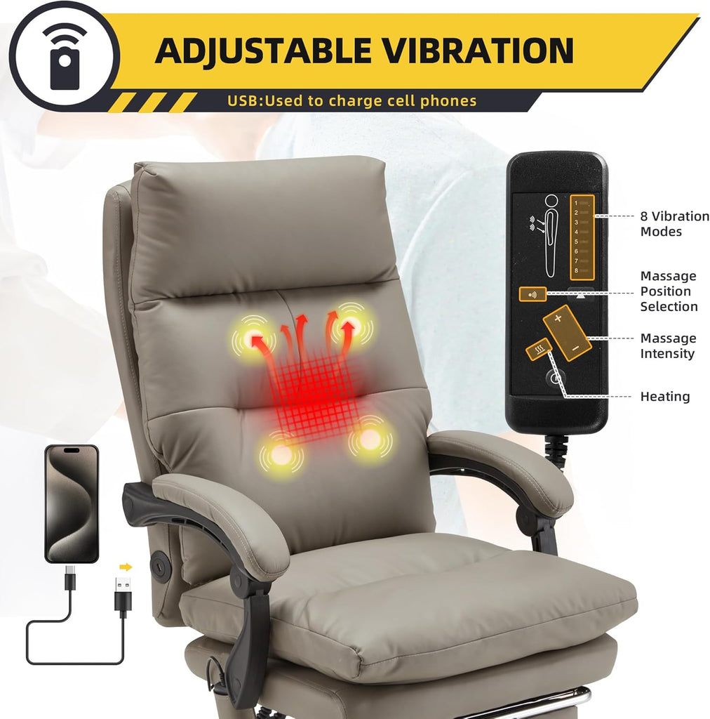 Executive Reclining Chair w/ Heating Massage Points Relaxing Headrest Grey main image 1