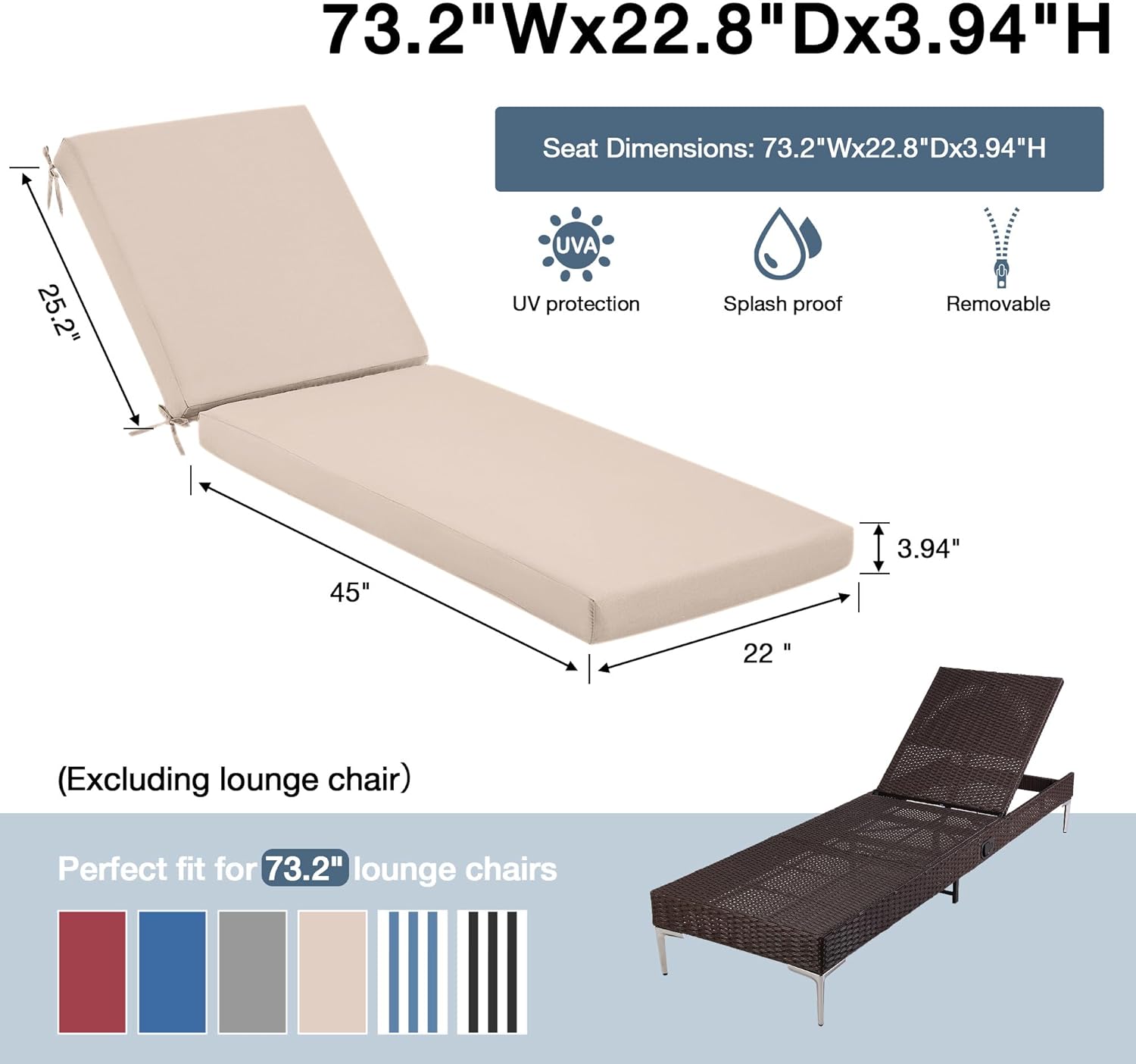HOMREST Outdoor Lounge Chair Cushion Replacement Set of 2, Beige