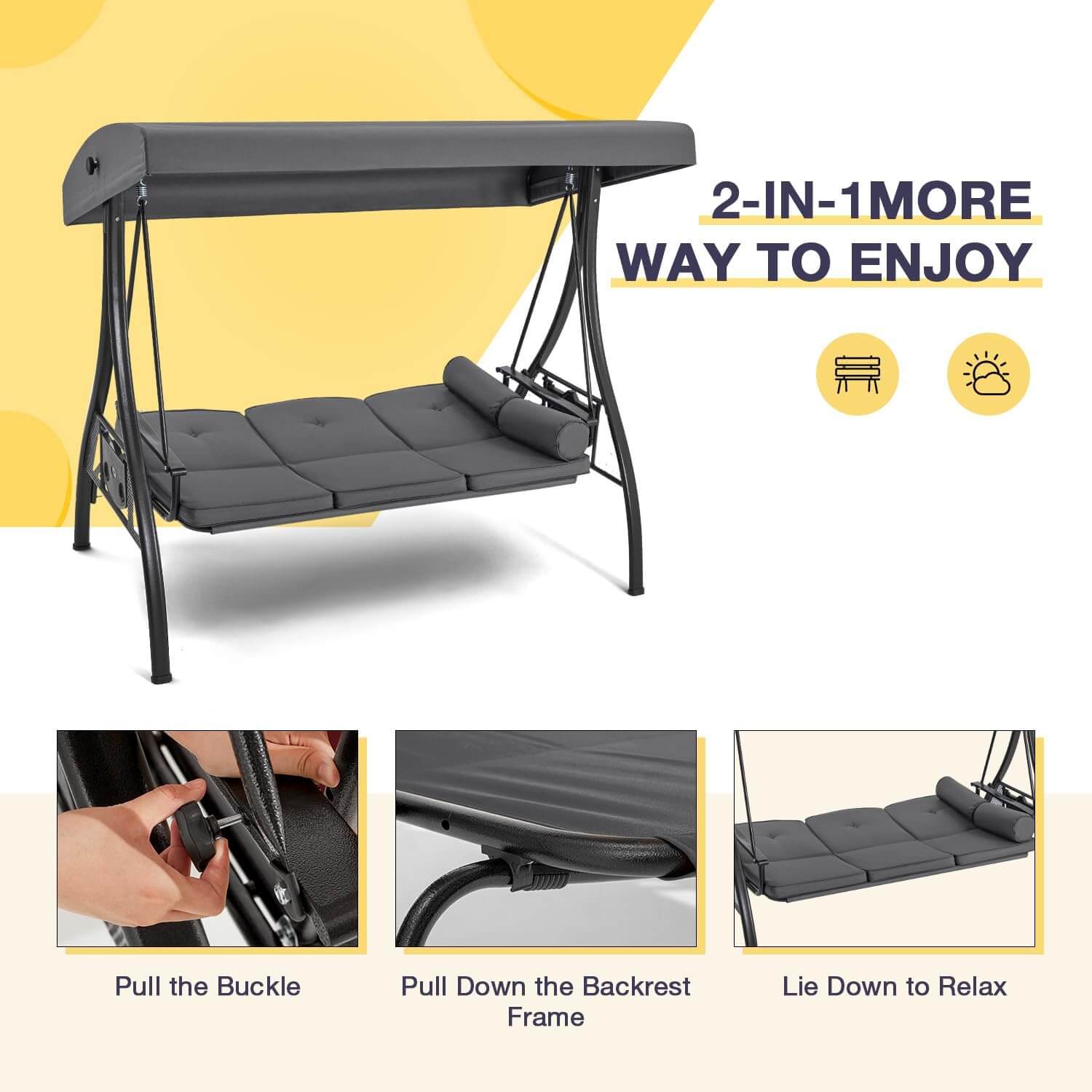 Homrest 3-Seat Outdoor Porch Swing with Adjustable Canopy and Backrest, Gray