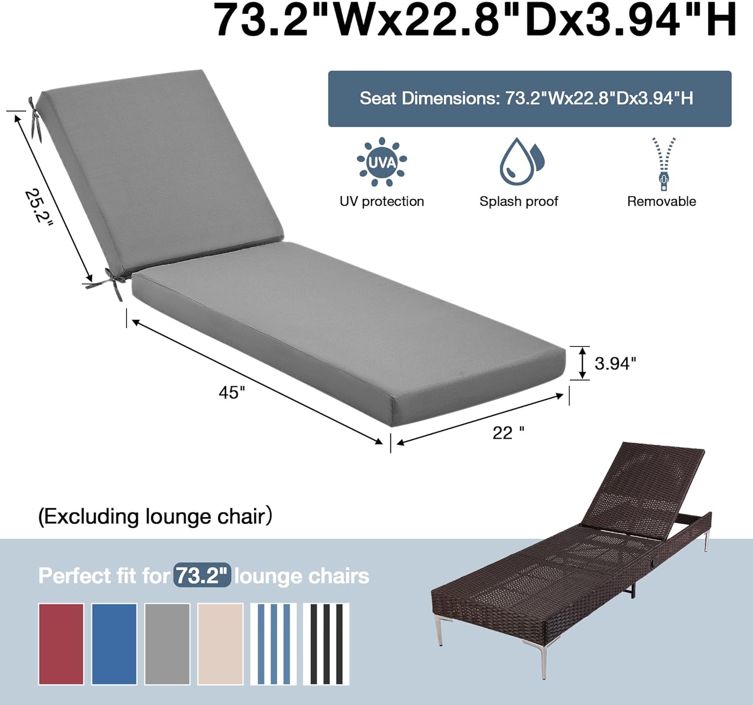 HOMREST Outdoor Lounge Chair Cushion Replacement, Grey