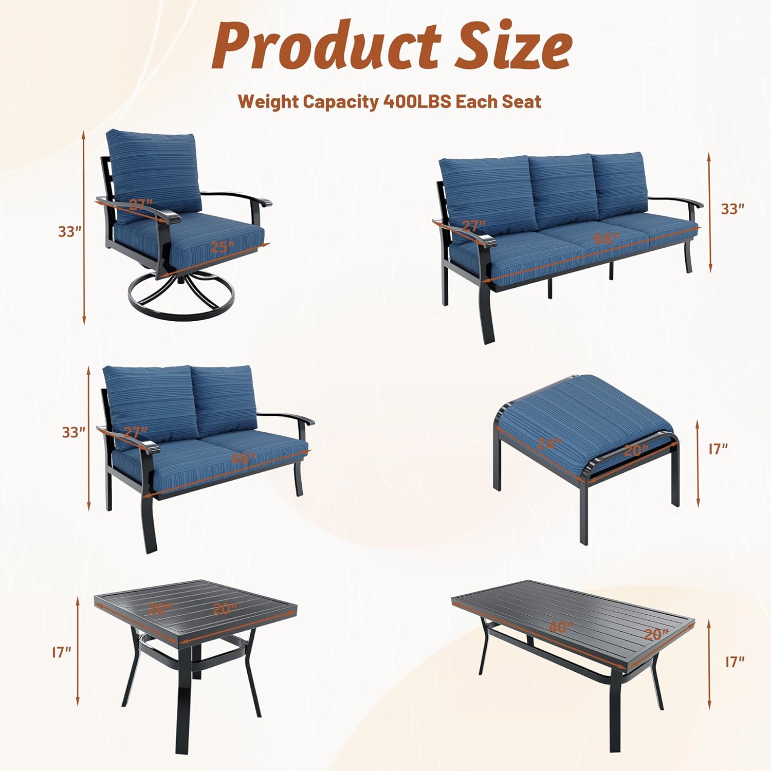 HOMREST Patio Furniture Sets 6 PCS Outdoor Metal Conversation Sets with Ottomans for Garden, Deck and Poolside, Blue