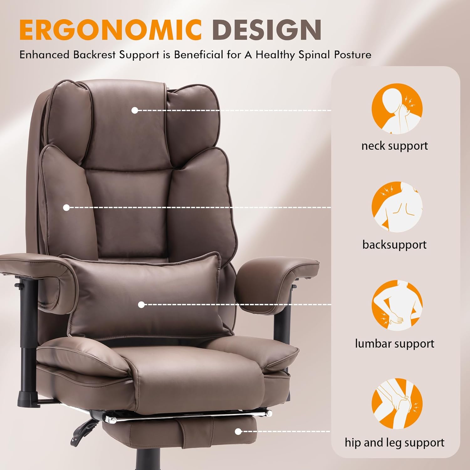 Homrest Executive Office Chair with Adjustable Reclining and Retractable Footrest, Brown