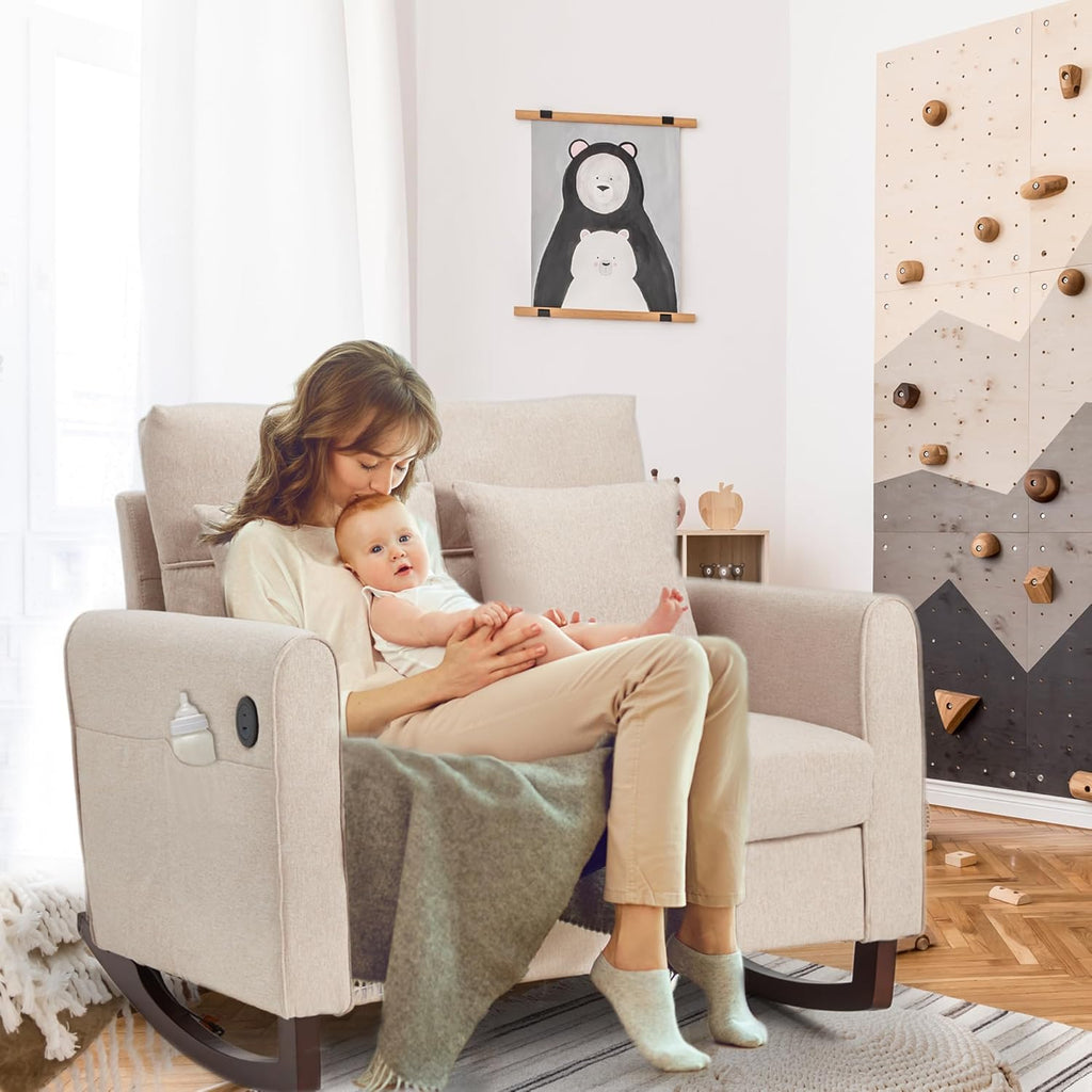 Homrest Upholstered Oversize Rocking Chair with Side Pocket USB Port, Beige