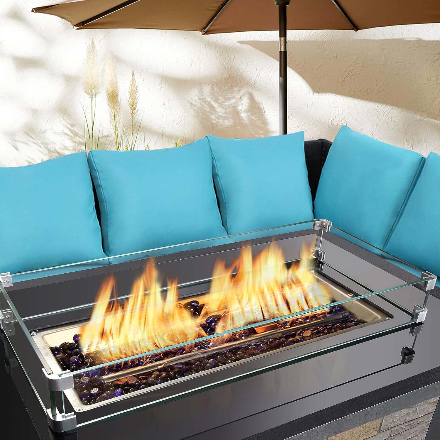 44 Inch Outdoor Propane Fire Pit Table with Wind Guard and Waterproof Cover, Gray | Homrest Furniture