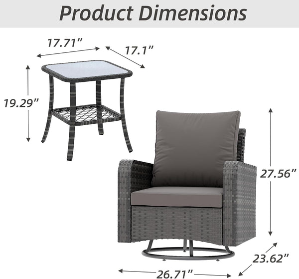 HOMREST 3 Piece Outdoor Swivel Chairs -All Weather Wicker Patio Bistro Table and Chairs Set, Grey