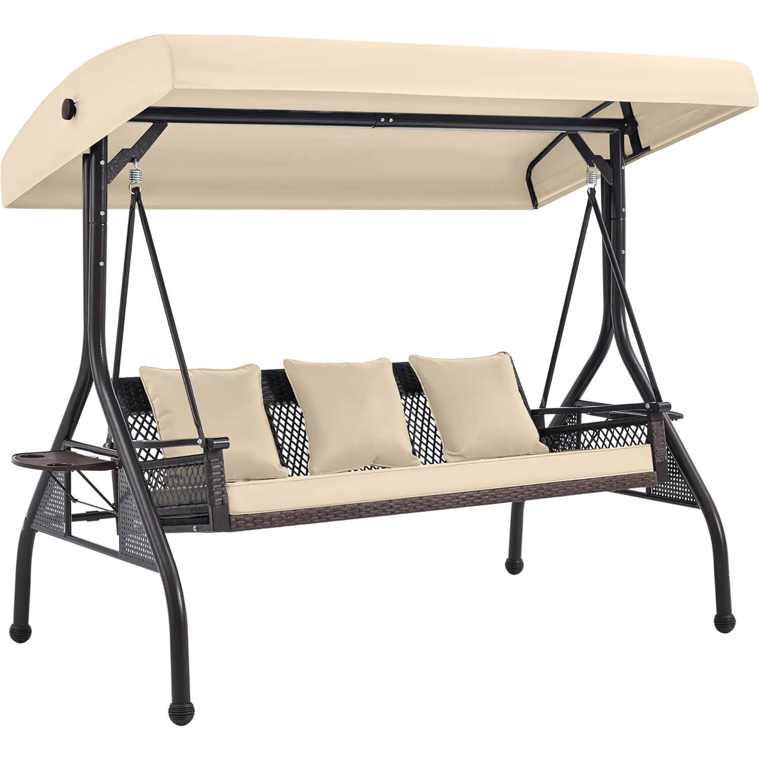 Homrest 3-Person Outdoor Wicker Porch Swing with Adjustable Canopy Backyard, Khaki