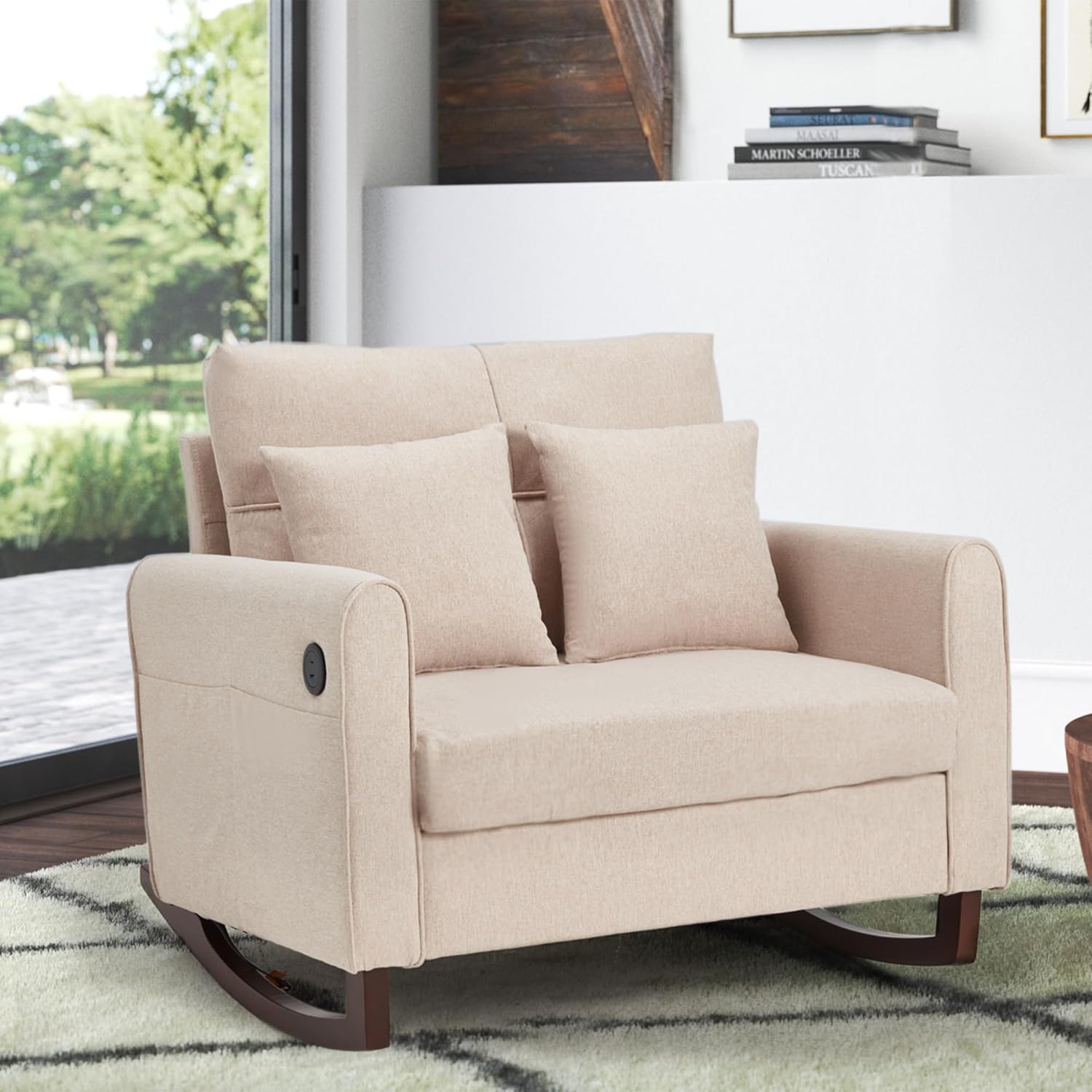 Upholstered Oversize Rocking Chair with Side Pocket USB Port, Beige | Homrest