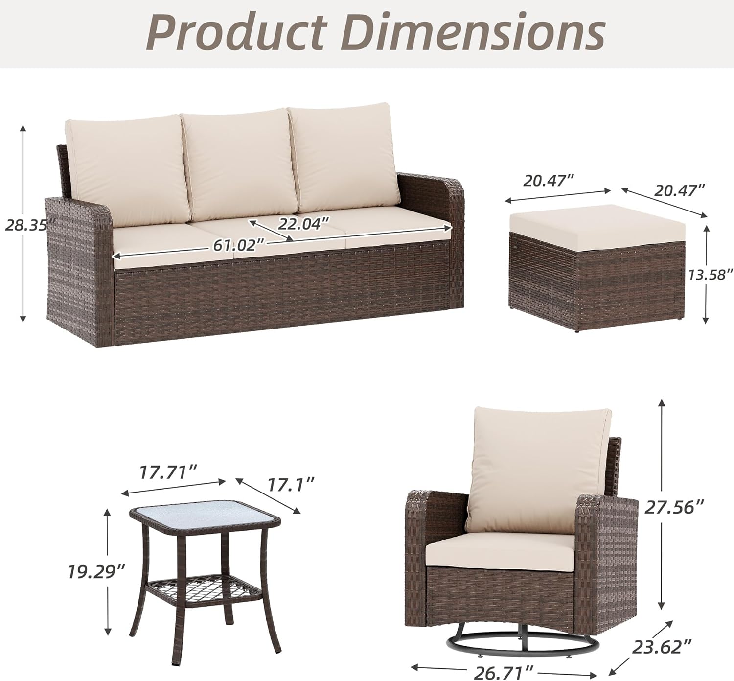 HOMREST 2 Piece Outdoor Patio Ottoman, Rattan Wicker Footstool with Cushion, Invisible Buckle, Multi-Functional Seat or Coffee Table, Khaki