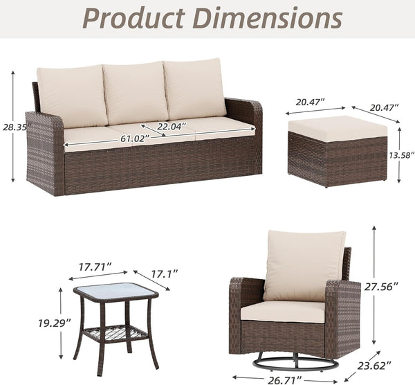 HOMREST 2 Piece Outdoor Patio Ottoman, Rattan Wicker Footstool with Cushion, Invisible Buckle, Multi-Functional Seat or Coffee Table, Khaki