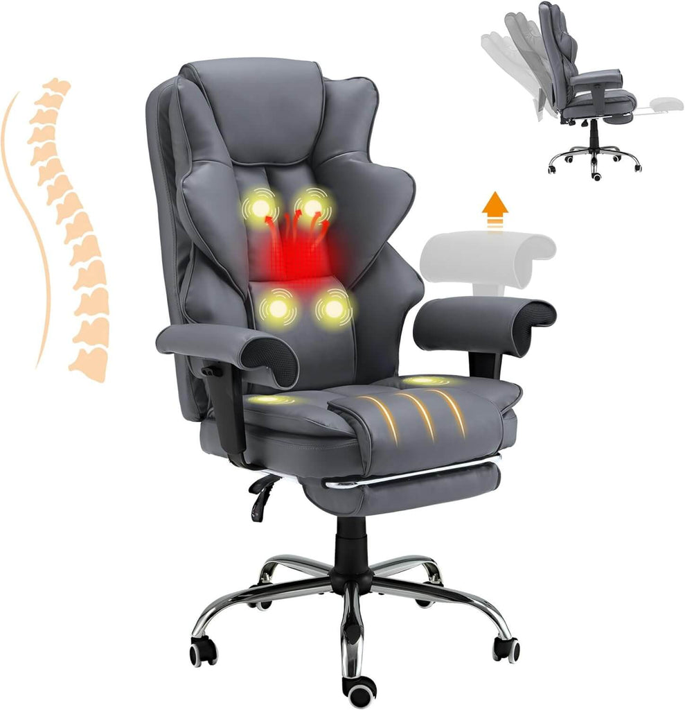 Homrest 6-Point Massage Heat Ergonomic Reclining Office Chair with Footrest Gray