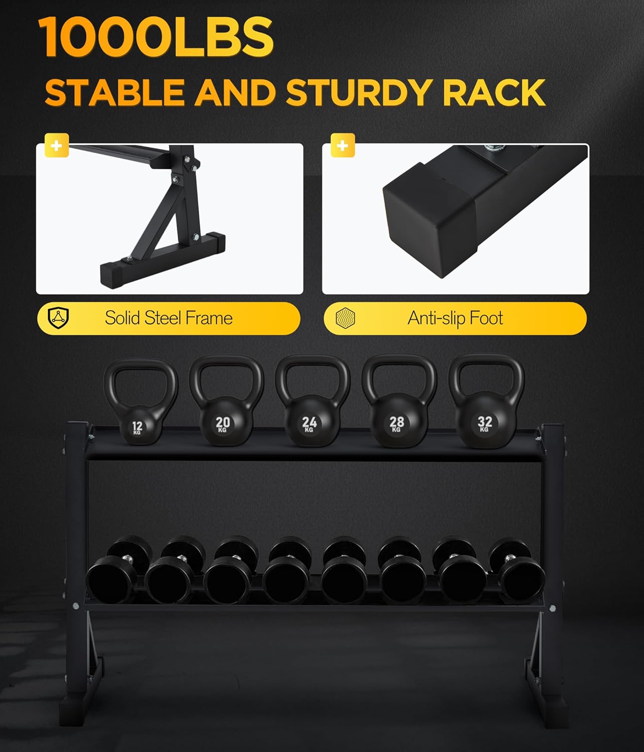HOMREST 48" Kettlebell Storage Rack, 2-Tier Dumbbell and Kettlebell Rack for Home Gym, 1000LBS Weights Storage for Free Weights