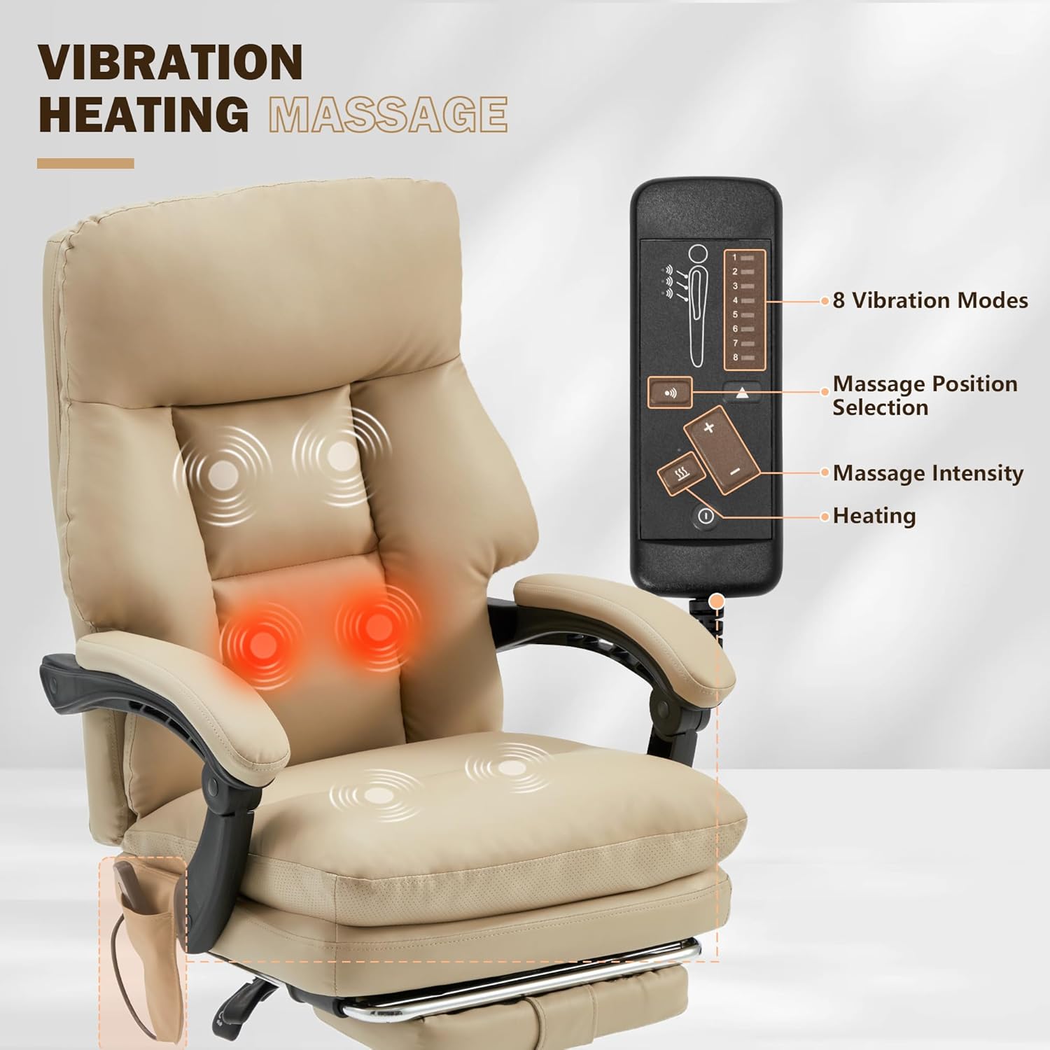 HOMREST Ergonomic Office Chair with Massage & Heating, Adjustable with Footrest, PU Leather (Khaki)