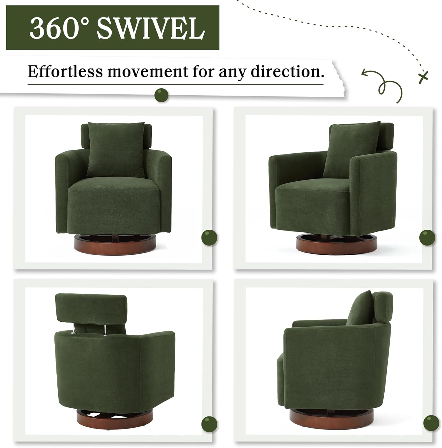 Homrest Swivel Accent Chair Armchair with Adjustment Headrest, 360° Rotation. Green