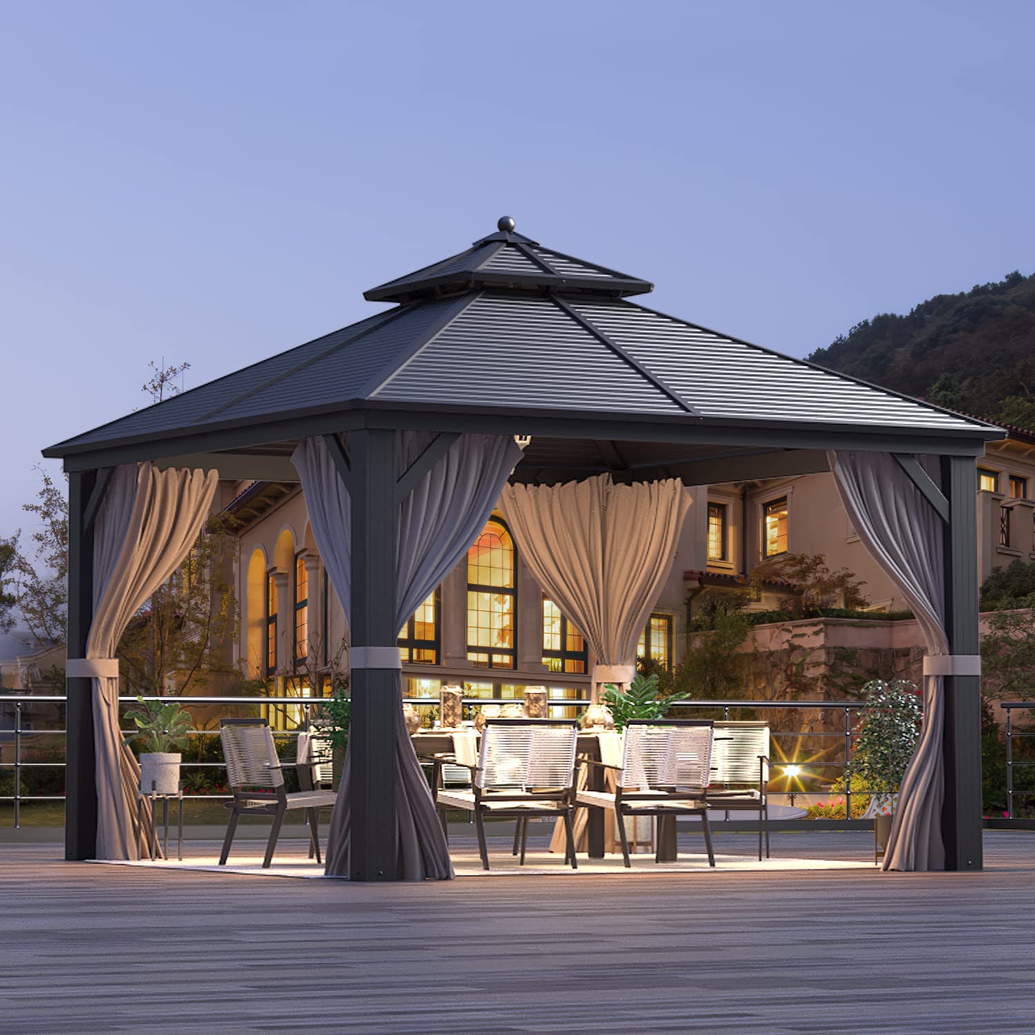 Homrest 12'x12' Hardtop Gazebo Canopy Galvanized Steel Pergolas with Netting & Curtains - Homrest