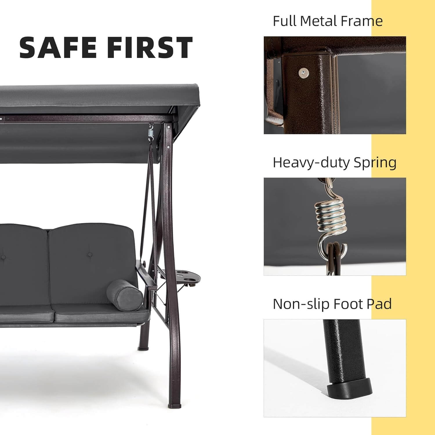 Homrest 3-Seat Outdoor Porch Swing with Adjustable Canopy and Backrest, Gray