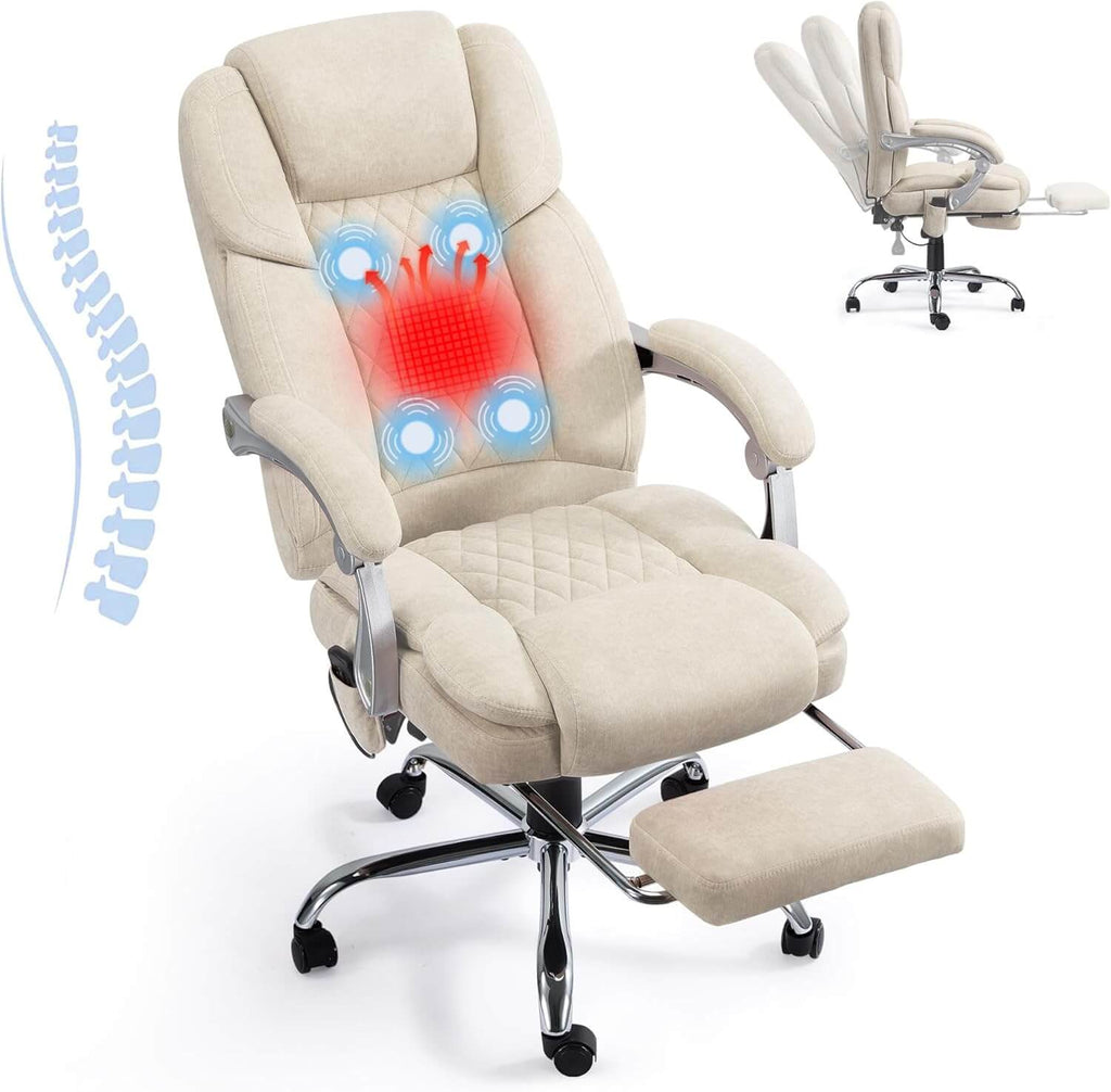 Executive Office Chair, Ergonomic Desk Chair Big and Tall Massage and Heated, Off White