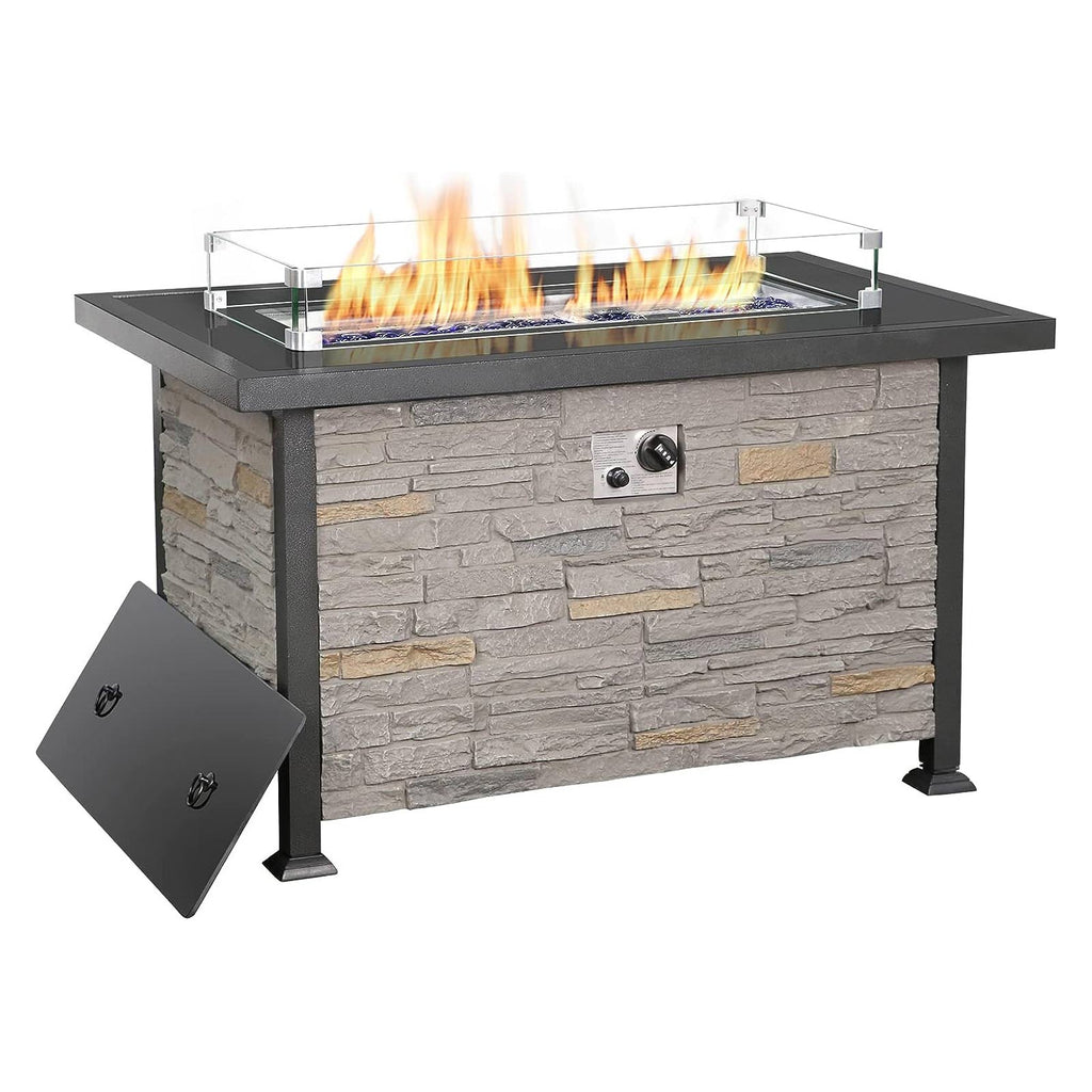 44 Inch Propane Fire Pit Table with Wind Guard and Waterproof Cover for Patio, Gray