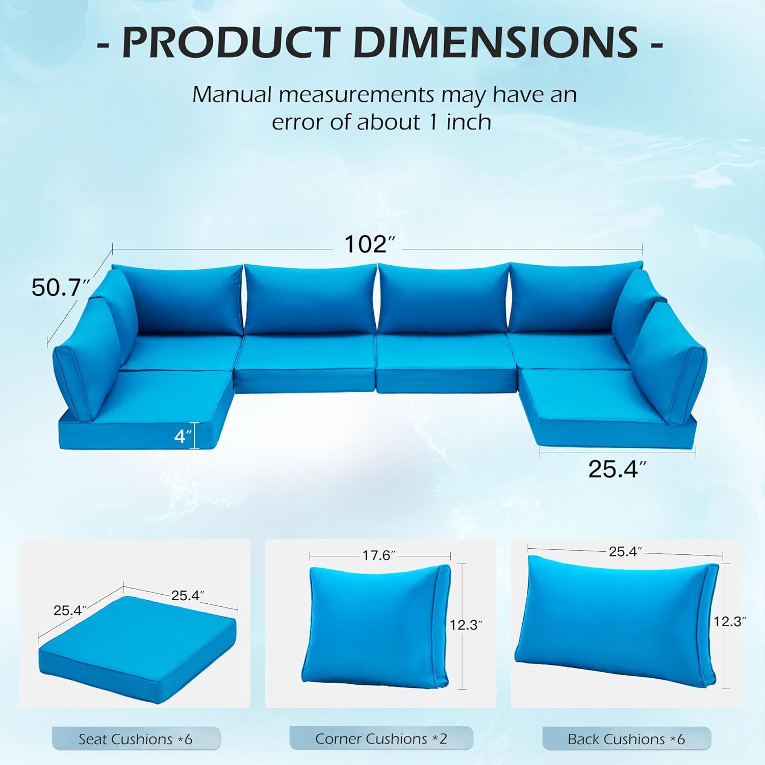 Outdoor Replacement Cushions for 6-Seat Patio Conversation Sets, Sky Blue | Homrest