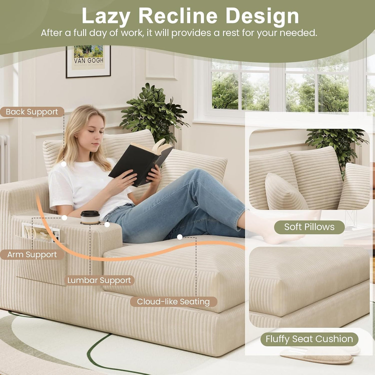 HOMREST 60" Oversized Chaise Lounge Chair Indoor,No Assembly Comfy Reading Chair for Living Room