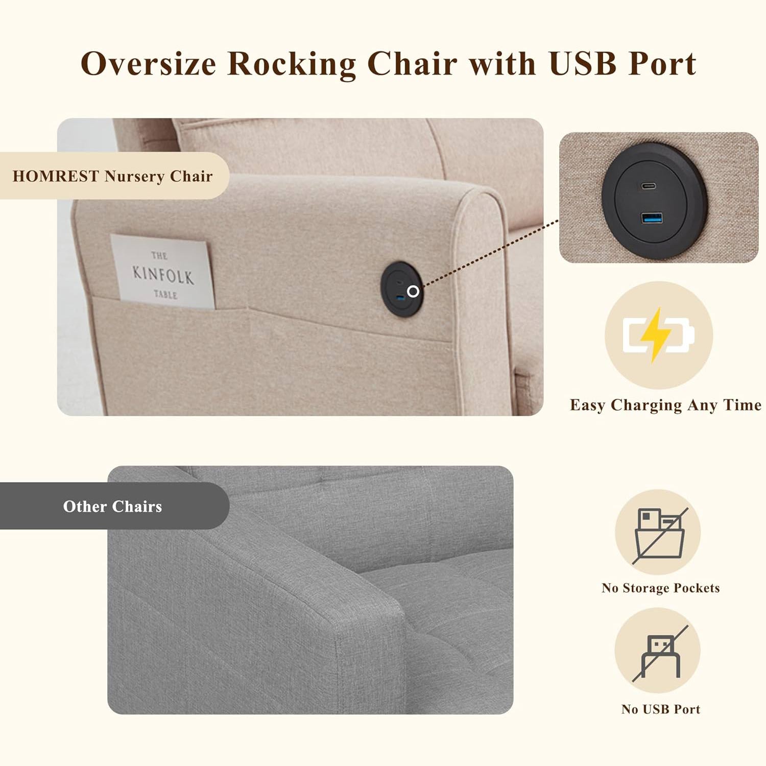 Upholstered Oversize Rocking Chair with Side Pocket USB Port, Beige | Homrest