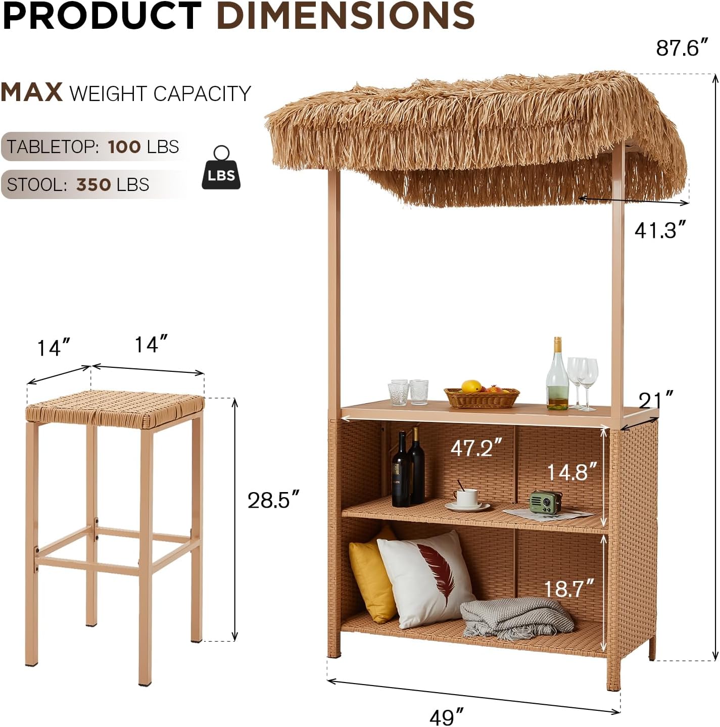 Product dimensions of Homrest 3 pcs outdoor tiki bar set.