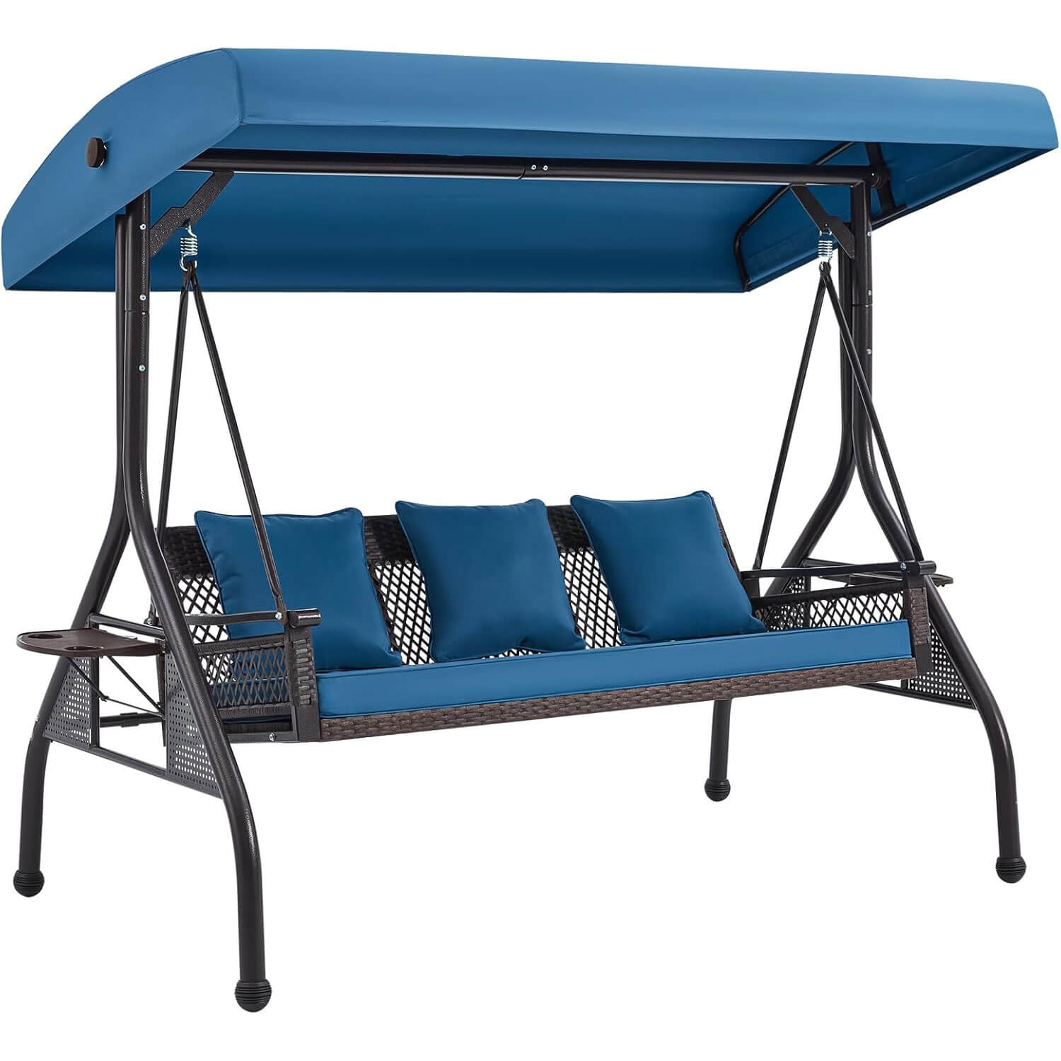 Homrest 3-Person Outdoor Wicker Porch Swing with Adjustable Canopy Backyard, Blue