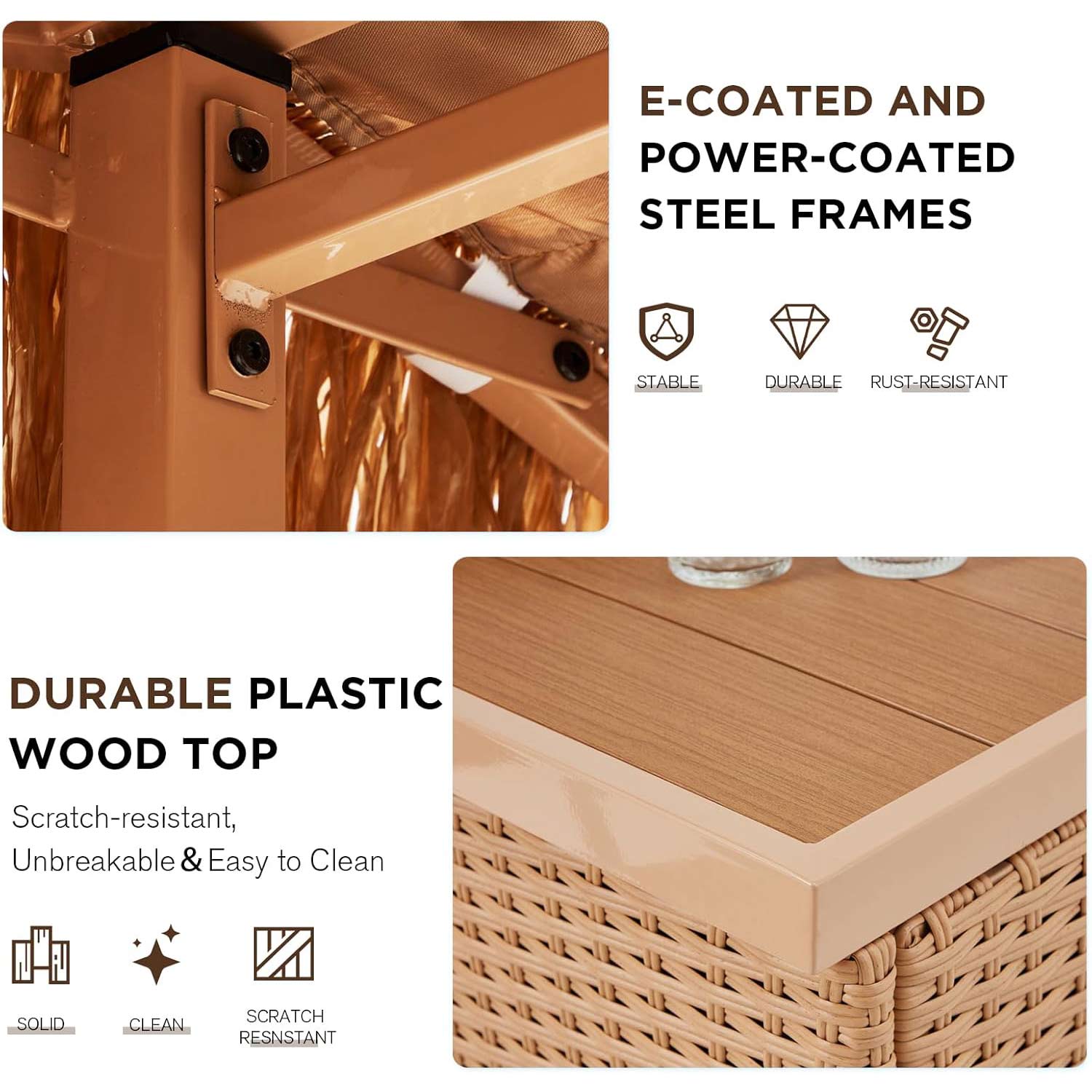E-coated and power-coated steel frames and durable plastic wood top. | Homrest furniture