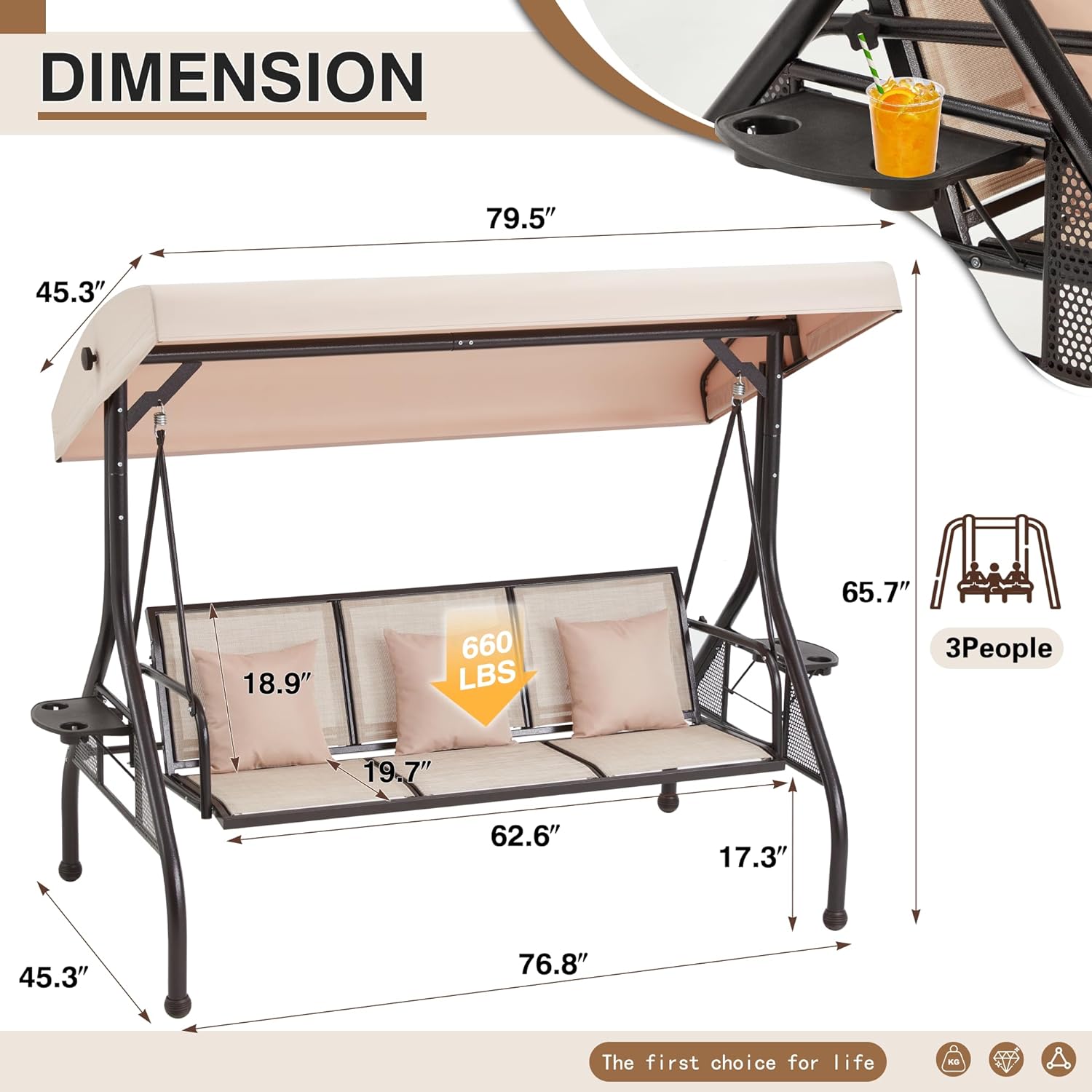 Homrest Outdoor Porch Swing with Adjustable Canopy and Backrest, Khaki