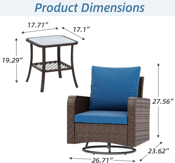 HOMREST 3 Piece Outdoor Swivel Chairs -Wicker Patio Bistro Table and Chairs Set, Navy