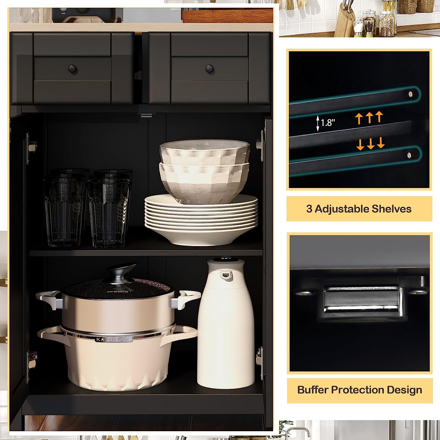 Homrest kitchen cart with 3 adjustable shelves and buffer protection design