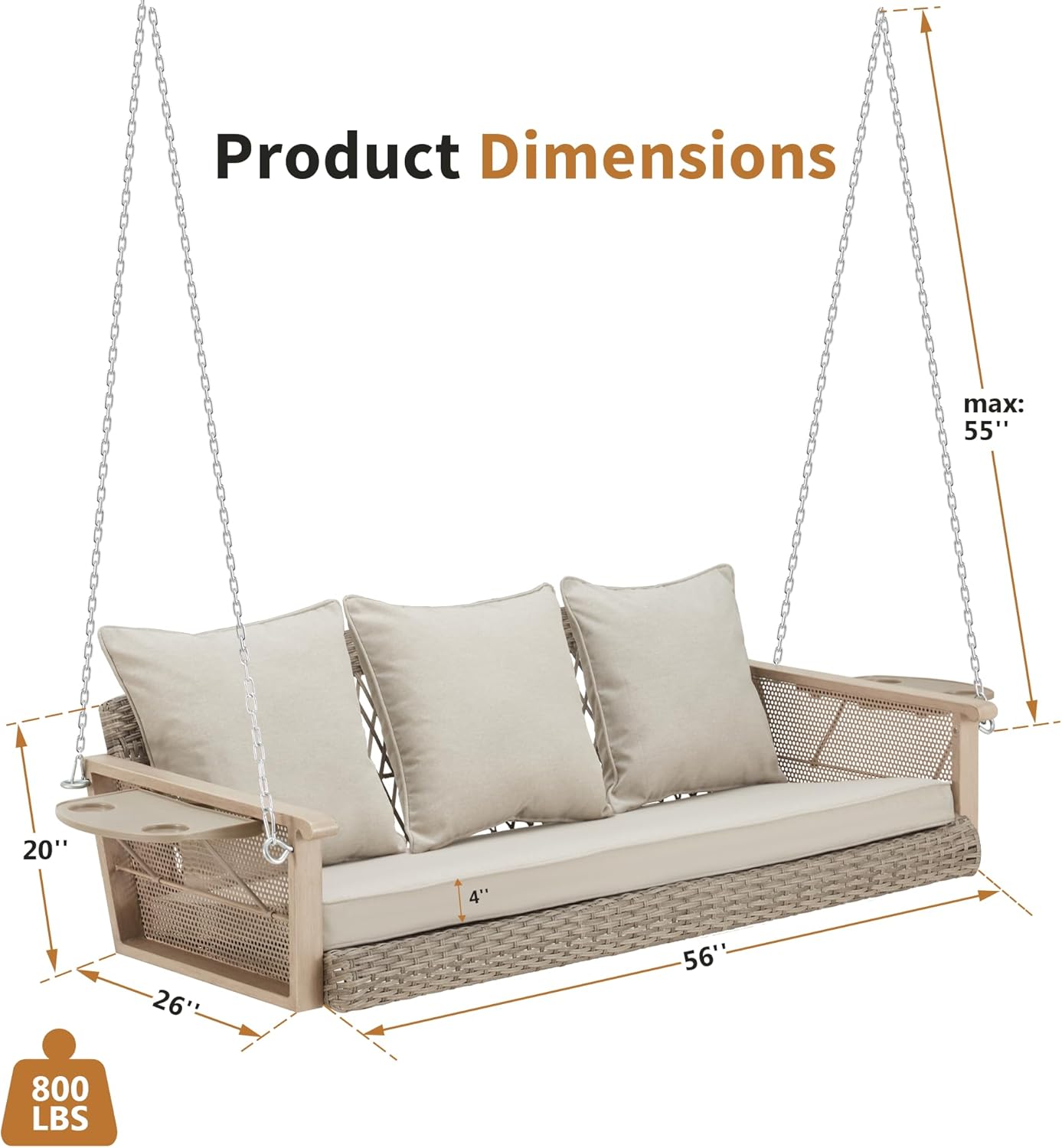 3-Seater Patio Porch Swing Bed with Cup Holders and Cushions, Beige