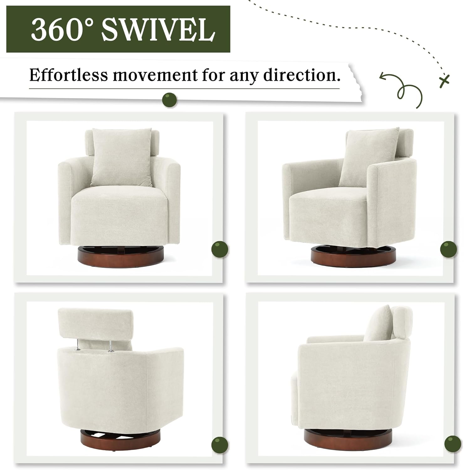 Homrest Swivel Accent Chair Armchair with Adjustment Headrest, 360° Rotation. Beige