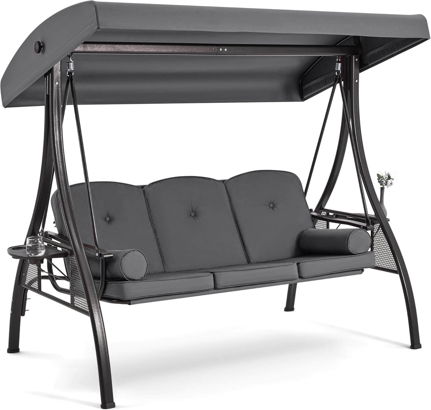 Homrest 3-Seat Outdoor Porch Swing with Adjustable Canopy and Backrest, Gray