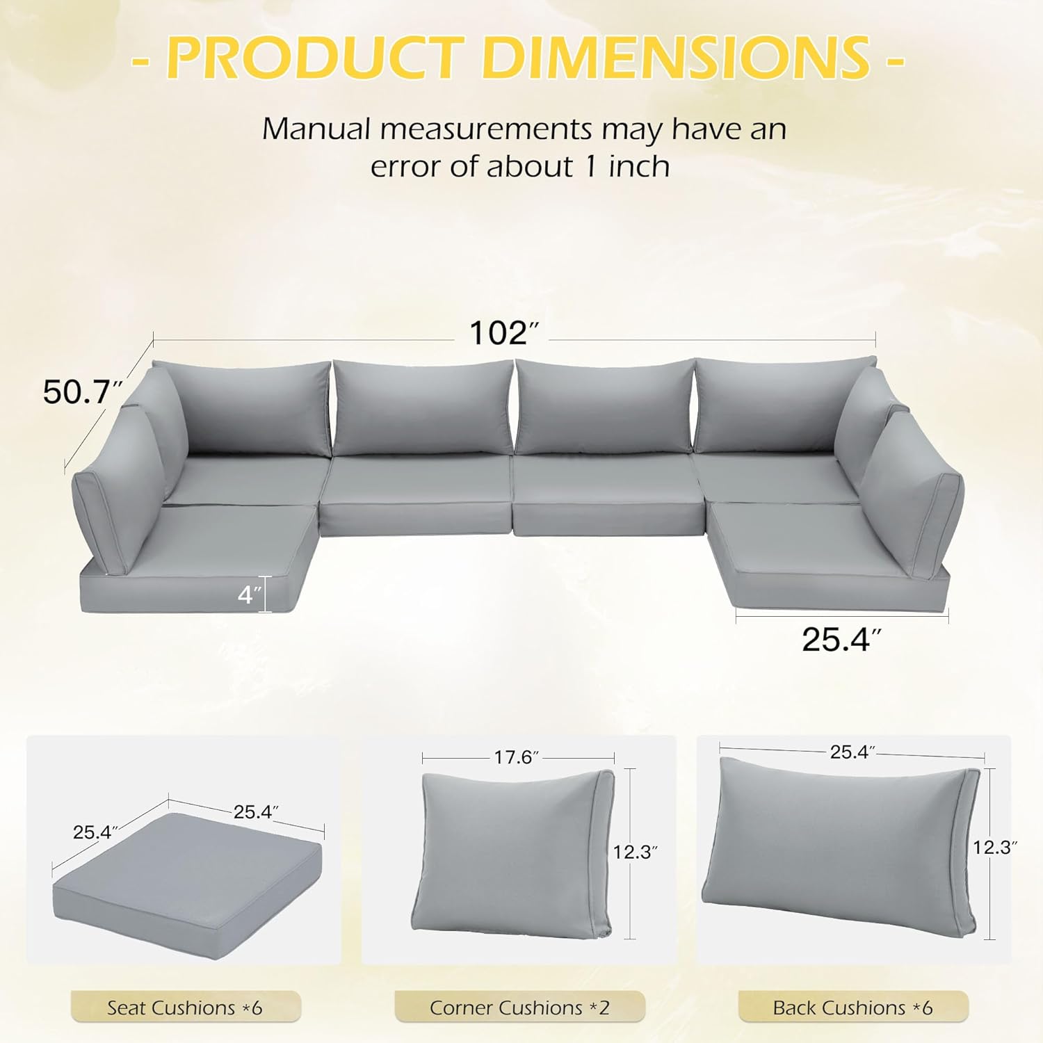 Outdoor Replacement Cushions for 6-Seat Patio Conversation Sets, Light Gray | Homrest