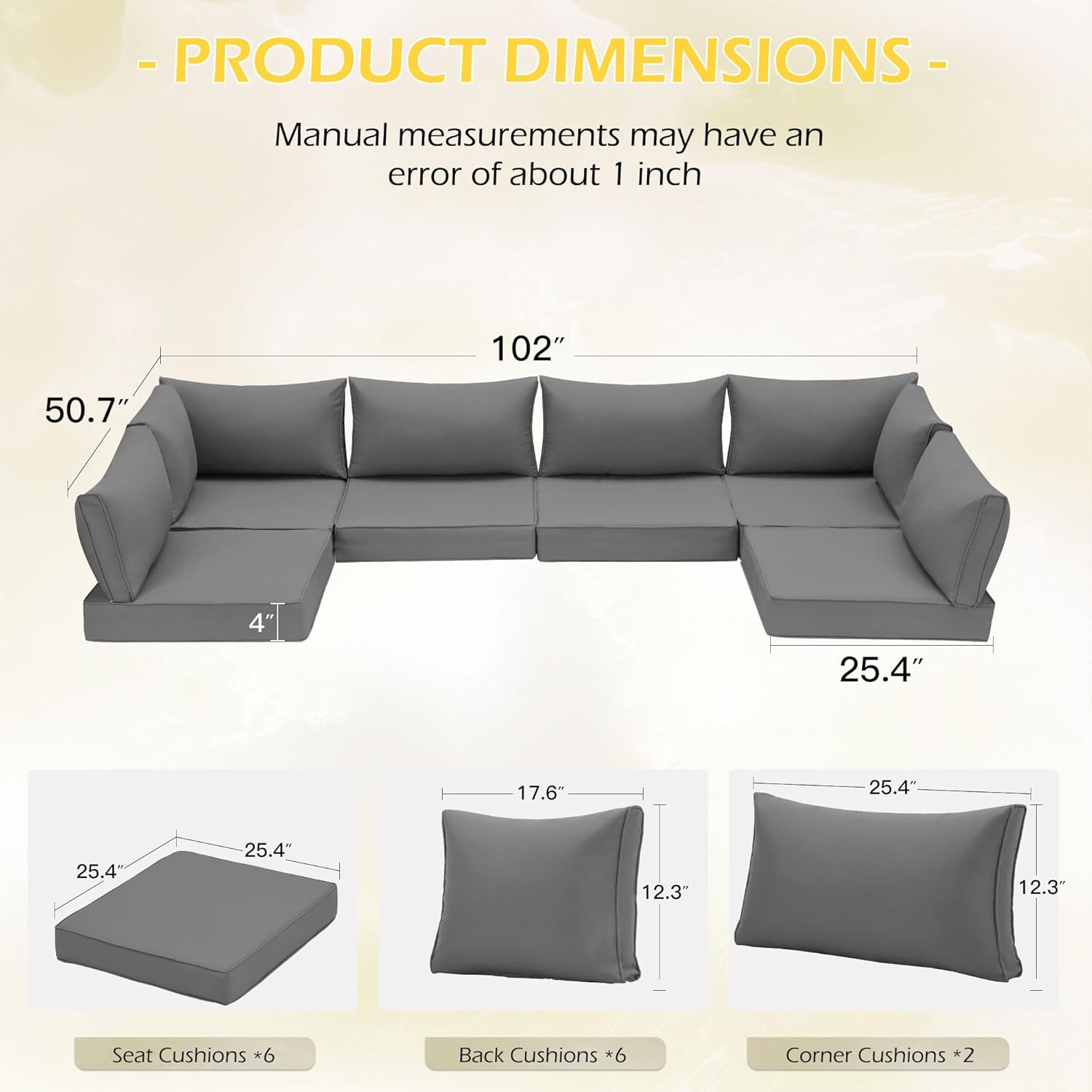 Homrest Outdoor Replacement Cushions for  6-Seat Patio Furniture Sets, Gray