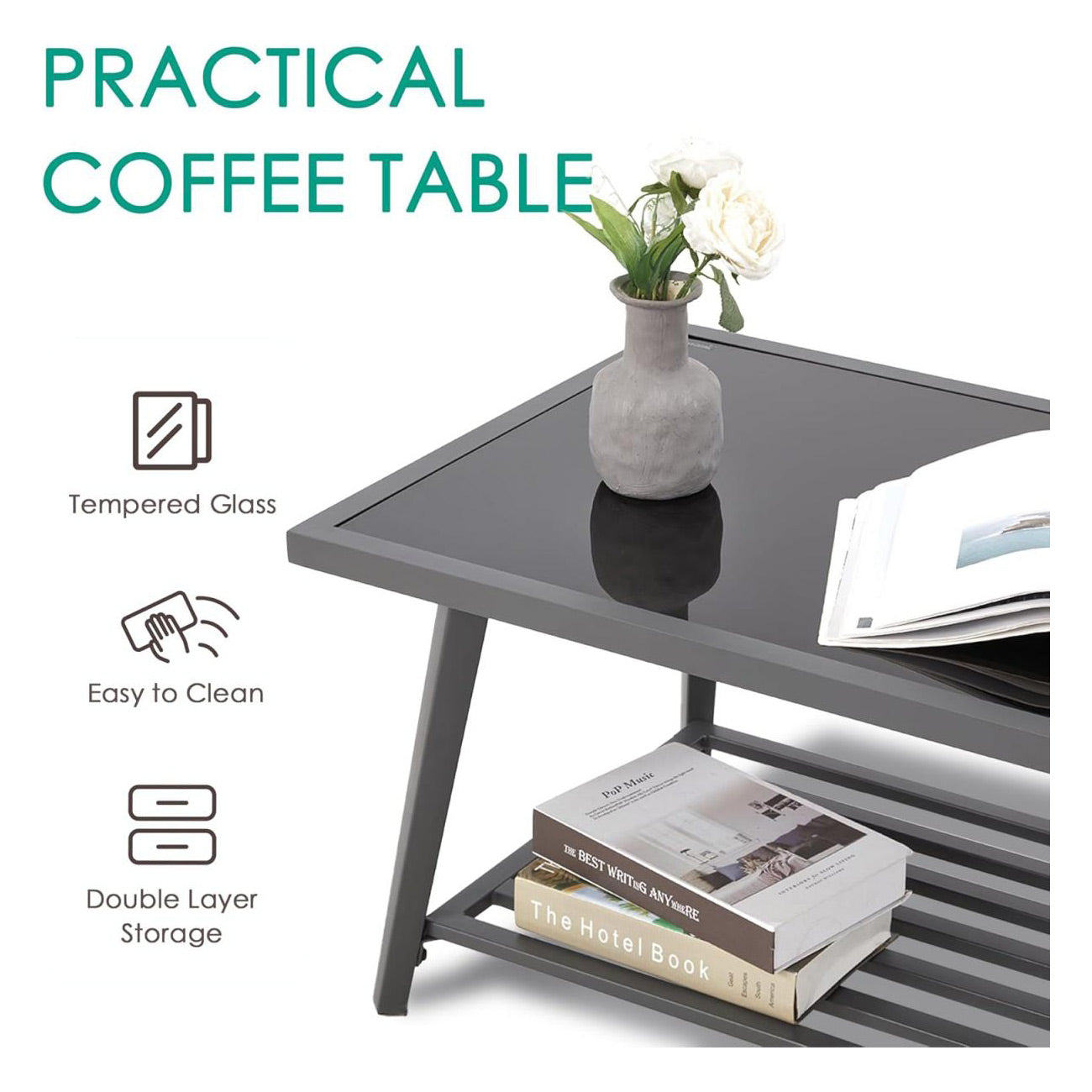 Practical coffee table with tempered glass and double layer storage