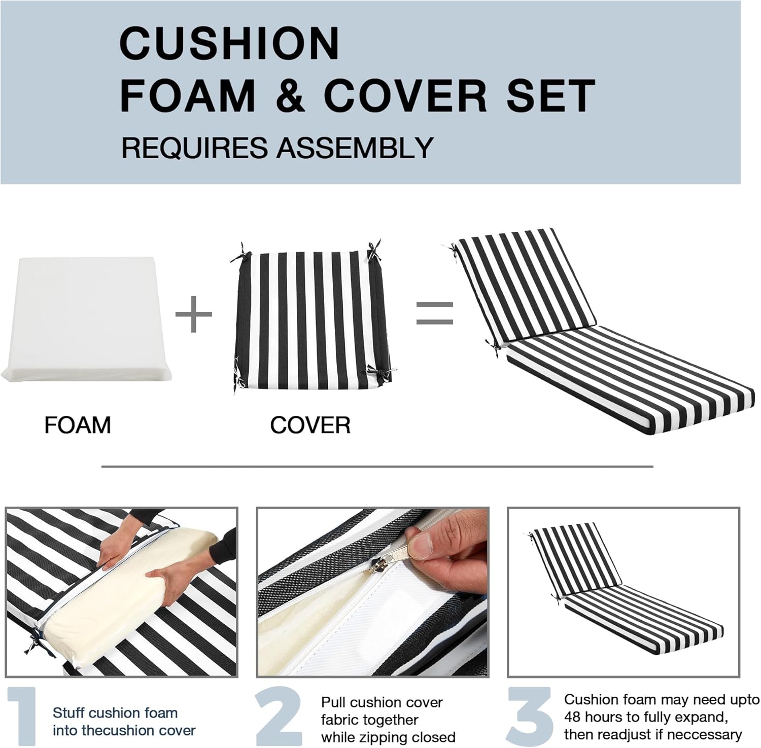 HOMREST Outdoor Lounge Chair Cushion,Waterproof Lounge Cushion Replacement, Black White Stripes