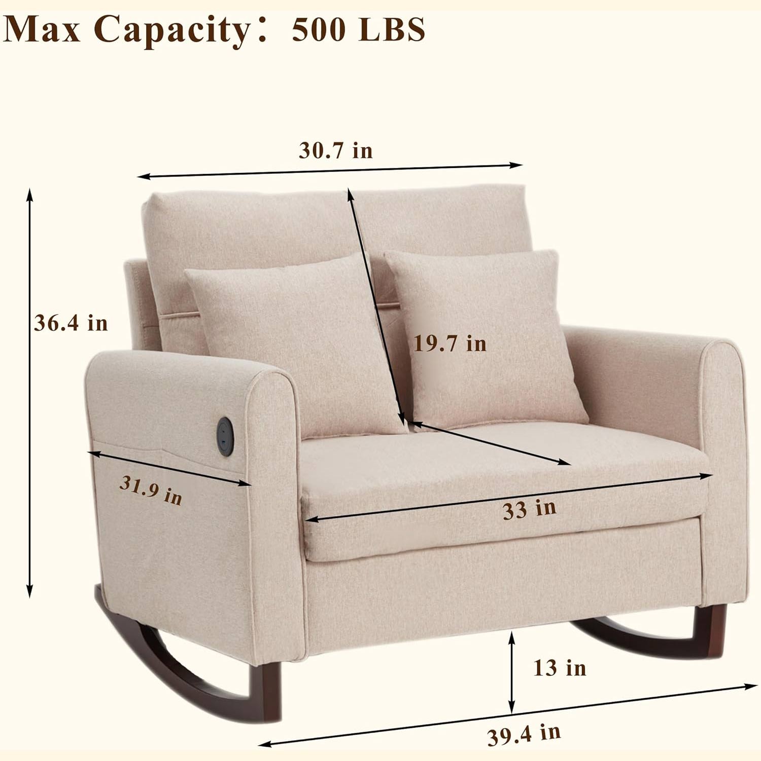 Upholstered Oversize Rocking Chair with Side Pocket USB Port, Beige | Homrest