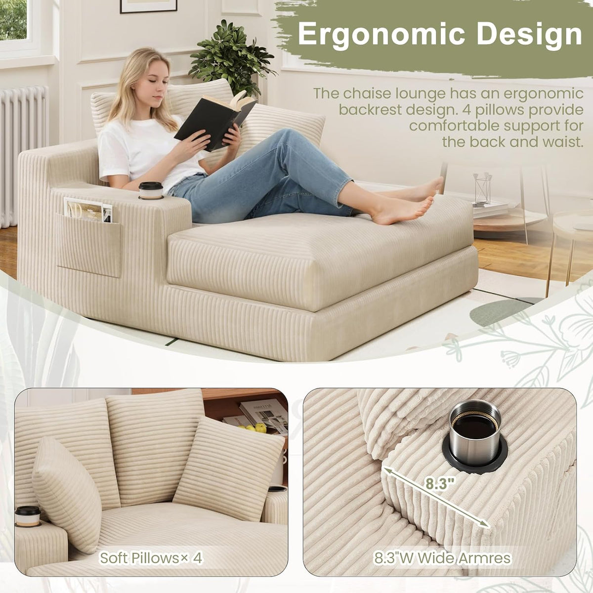 HOMREST 60" Oversized Chaise Lounge Chair Indoor,No Assembly Comfy Reading Chair for Living Room