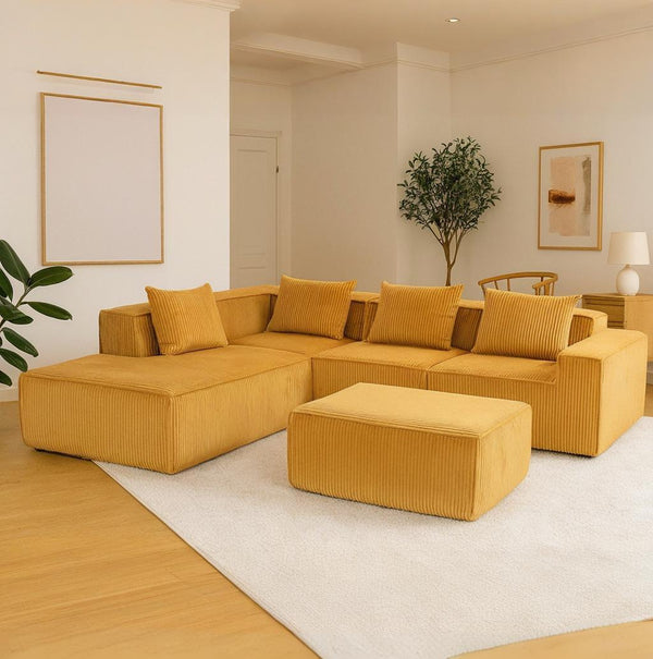 HOMREST 5-Seat Modular Sofa, Corduroy Lounge Couch with Free Combination Design and Throw Pillows, Orange
