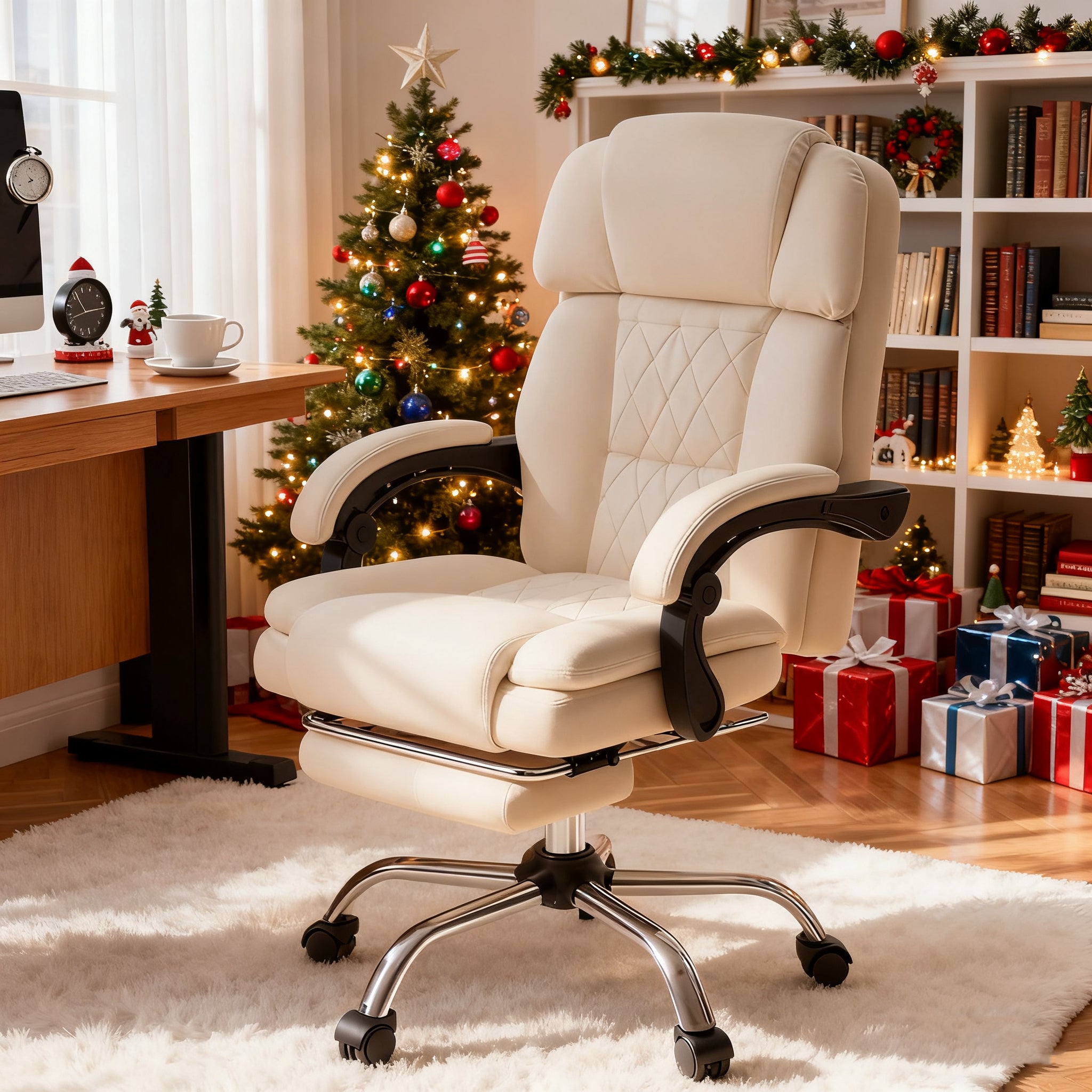 HOMREST 6-Point Massage Office Chair with Heat, Ergonomic Reclining Desk Chair with Footrest, PU Leather Executive Chair for Home Office,Comfortable Computer Chair Gift for Women, Off White
