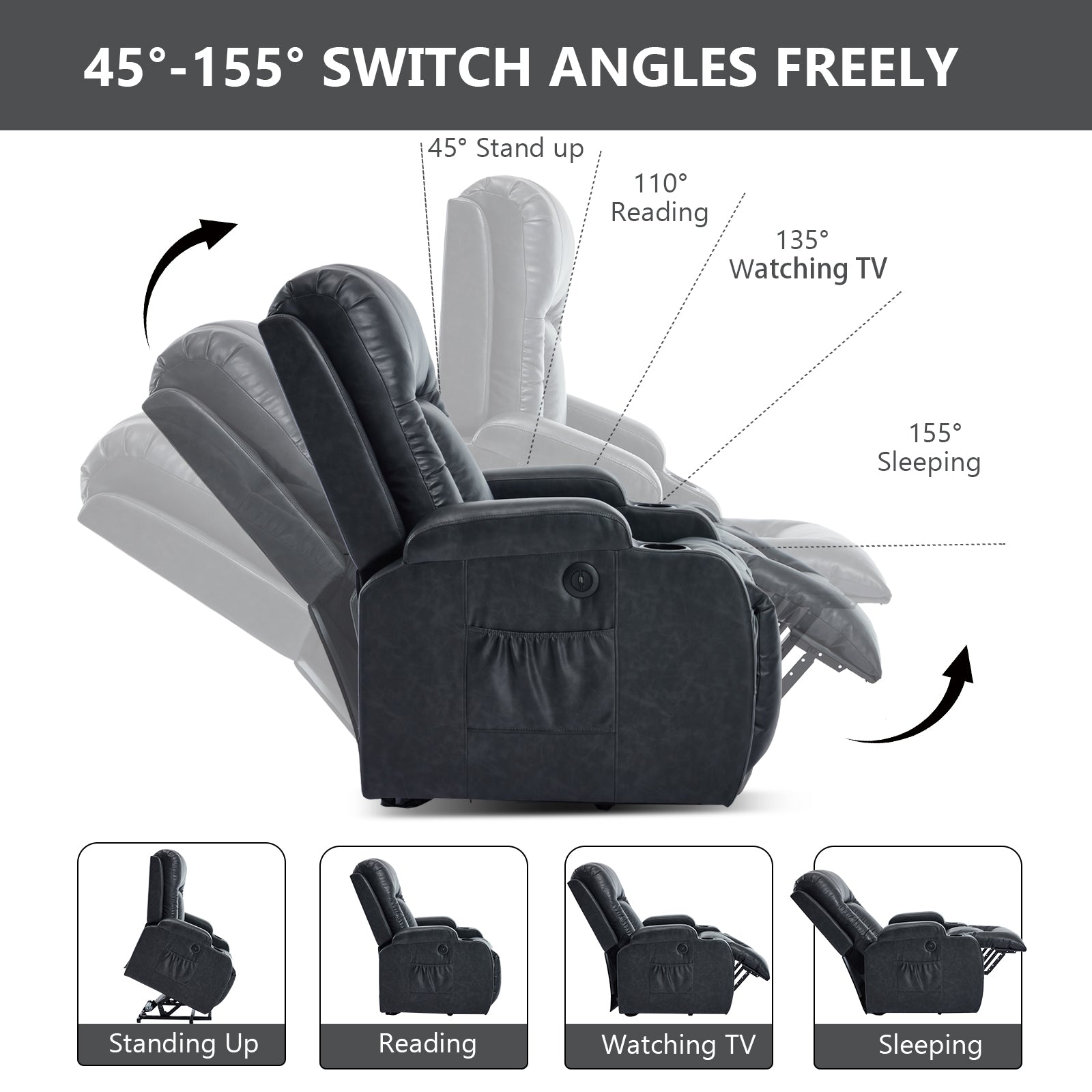HOMREST PU Infinite Position Power Lift Recliner Chair for Elderly, 8-Point Massage & Heating, Gray