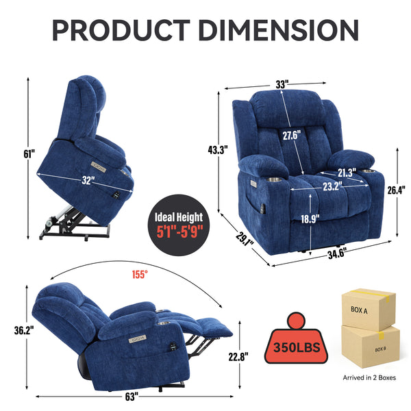 Homrest Premium Electric Recliner Chair with 8-Point Massage & Heating, Plush Chenille Fabric, Blue