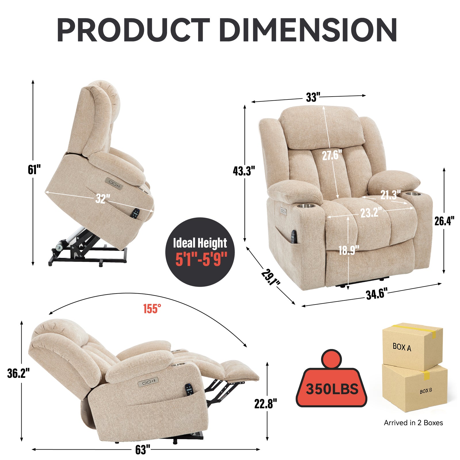 Homrest Premium Electric Recliner Chair with 8-Point Massage & Heating, Plush Chenille Fabric, Brown