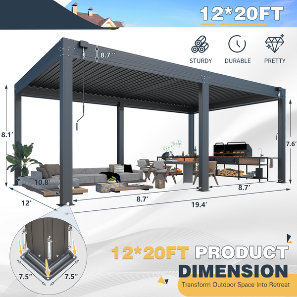 HOMREST 12x20FT Louvered Pergola with 6-Panel Pull-Down Screen, Aluminum Pergola with Adjustable Rainproof Roof for Patio, Lawn & Garden, Dark Gray