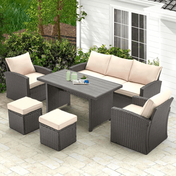 6 Pieces Outdoor Sectional Dining Set, All Weather Patio Table and Chair Set with Ottoman, Khaki