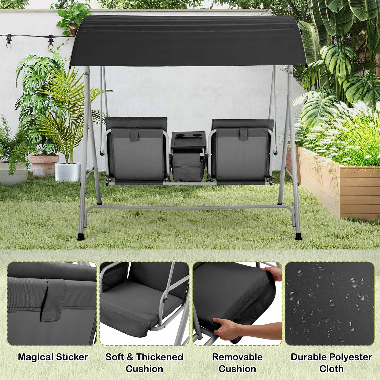 Homrest 2 Seat Outdoor Porch Swing with Adjustable Canopy and Cup Holders, Black